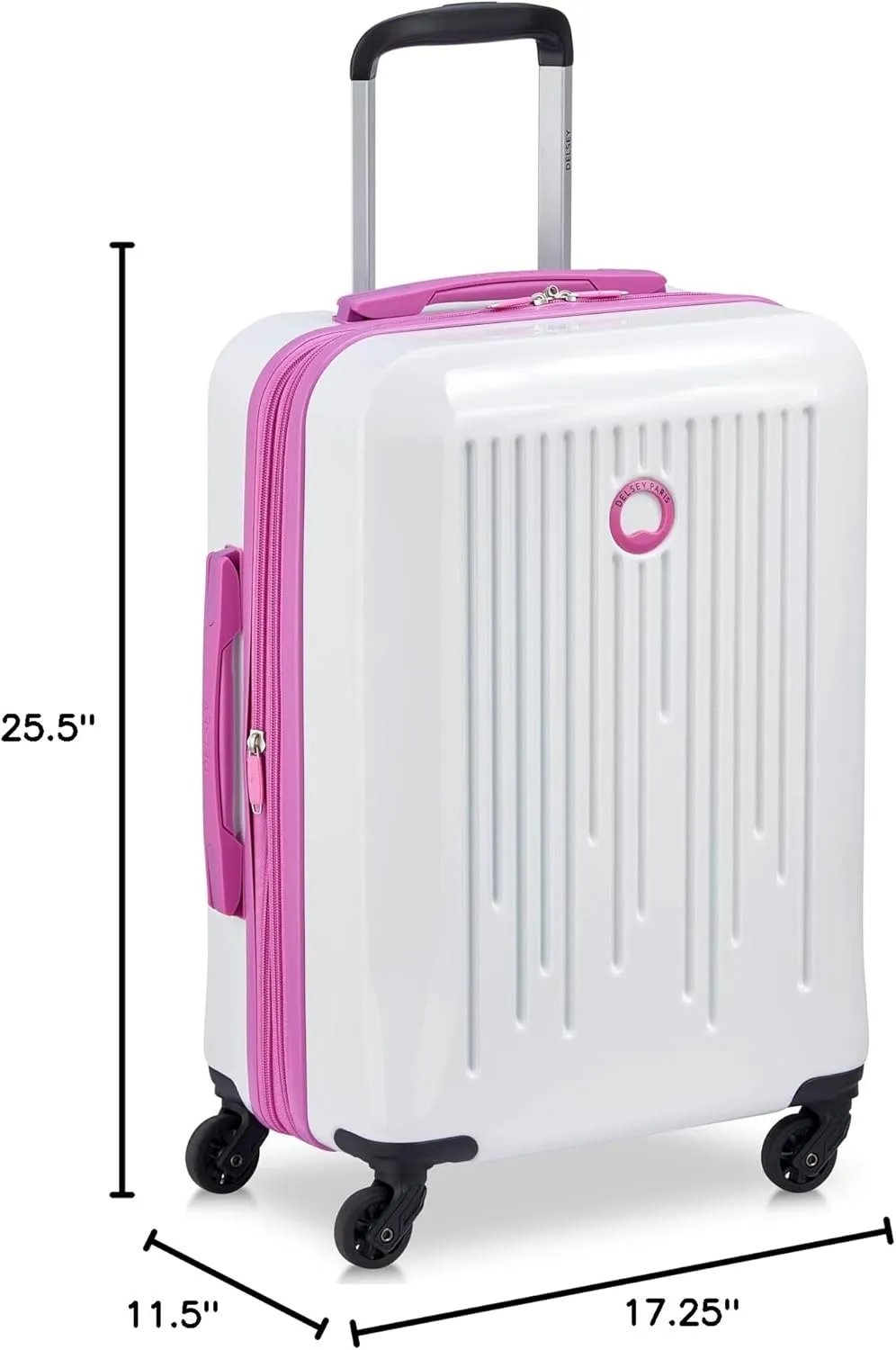 DELSEY PARIS Christine Expandable Luggage, Stylish and Unique, Glossy Exterior with 360 Spinner Wheels, Lockable Telescoping Handle, Men and Women, White with Mauve Trim, Medium Check-In 24-Inch