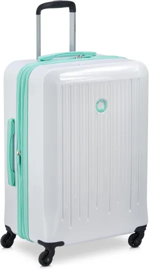 DELSEY PARIS Christine Expandable Luggage, Stylish and Unique, Glossy Exterior with 360 Spinner Wheels, Lockable Telescoping Handle, Men and Women, White with Teal Trim, Medium Check-In 24-Inch