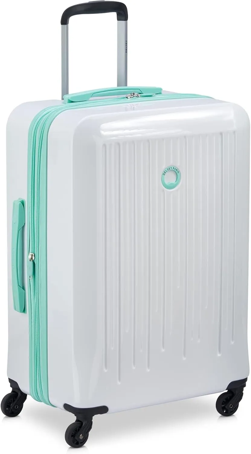 DELSEY PARIS Christine Expandable Luggage, Stylish and Unique, Glossy Exterior with 360 Spinner Wheels, Lockable Telescoping Handle, Men and Women, White with Teal Trim, Medium Check-In 24-Inch