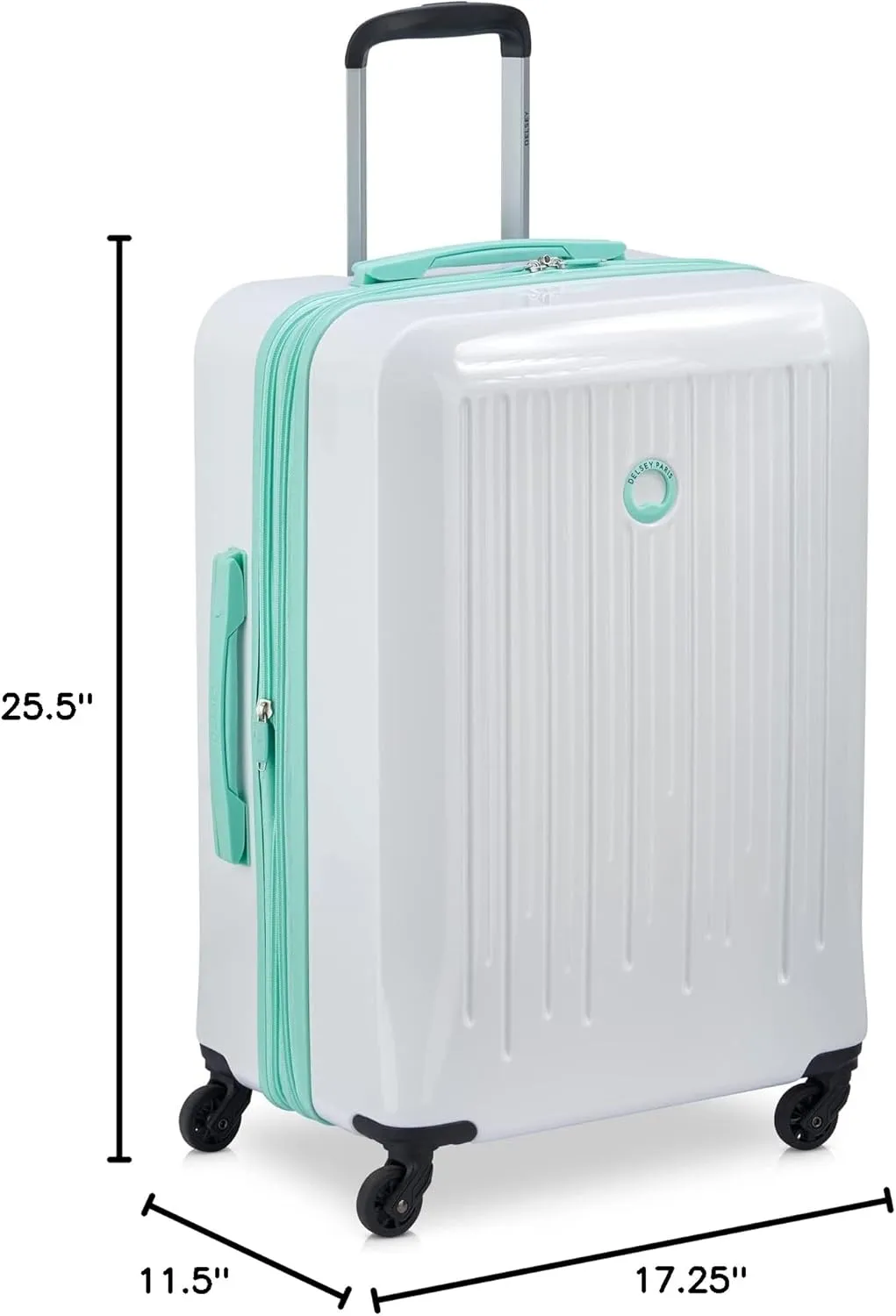 DELSEY PARIS Christine Expandable Luggage, Stylish and Unique, Glossy Exterior with 360 Spinner Wheels, Lockable Telescoping Handle, Men and Women, White with Teal Trim, Medium Check-In 24-Inch