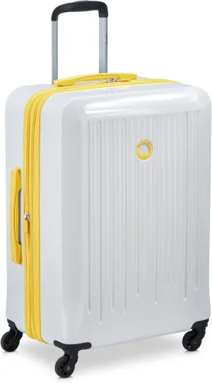 DELSEY PARIS Christine Expandable Luggage, Stylish and Unique, Glossy Exterior with 360 Spinner Wheels, Lockable Telescoping Handle, Men and Women, White with Yellow Trim, Medium Check-In 24-Inch