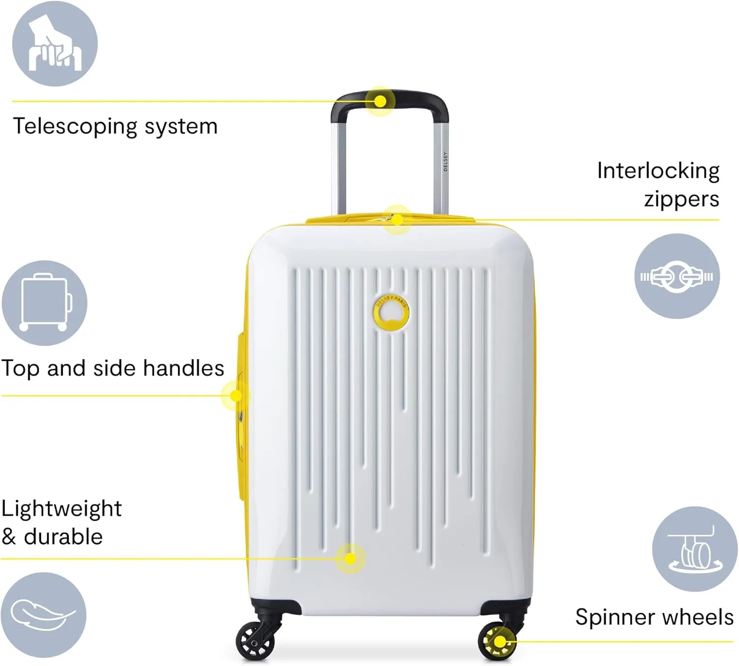 DELSEY PARIS Christine Expandable Luggage, Stylish and Unique, Glossy Exterior with 360 Spinner Wheels, Lockable Telescoping Handle, Men and Women, White with Yellow Trim, Medium Check-In 24-Inch