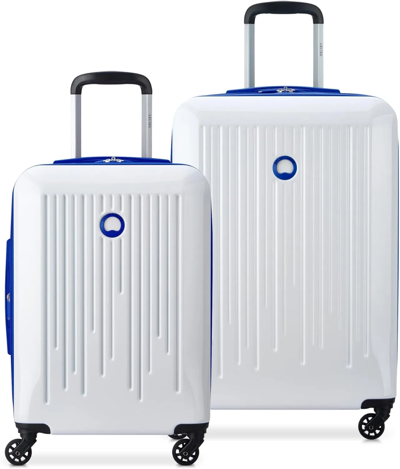 DELSEY PARIS Christine Expandable Luggage, Stylish and Unique, Glossy Exterior with 360 Spinner Wheels, Lockable Telescoping Handle, Nestable Luggage Set, White with Blue Trim, 2-Piece Set (20/24)