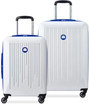 DELSEY PARIS Christine Expandable Luggage, Stylish and Unique, Glossy Exterior with 360 Spinner Wheels, Lockable Telescoping Handle, Nestable Luggage Set, White with Blue Trim, 2-Piece Set (20/24)