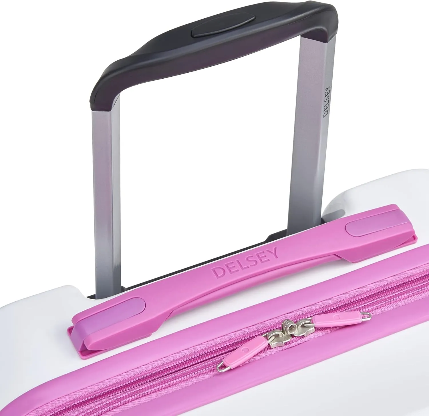 DELSEY PARIS Christine Hardside Expandable Luggage, Stylish and Unique, Glossy Exterior with 360 Spinner Wheels, Lockable Telescoping Handle, Men and Women, White with Mauve Trim, Carry-On 20-Inch
