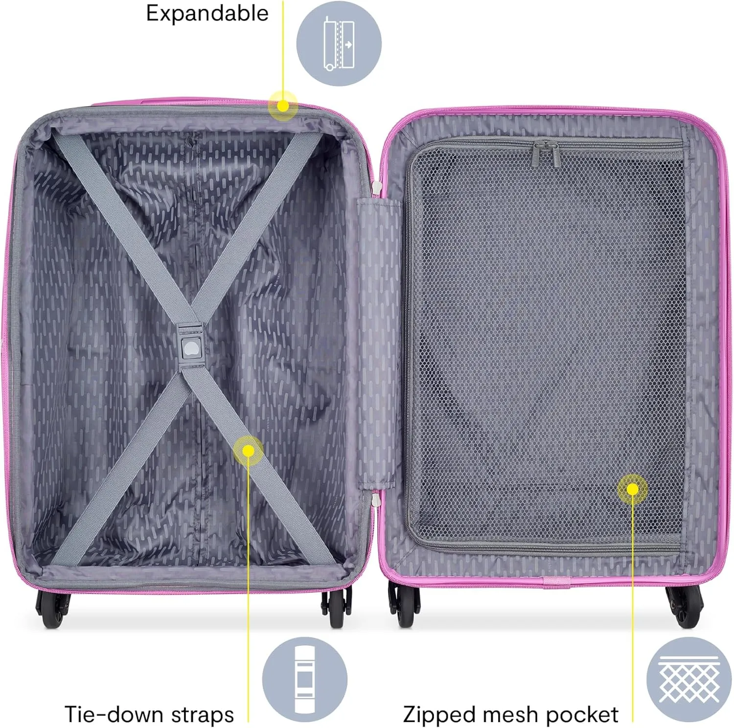 DELSEY PARIS Christine Hardside Expandable Luggage, Stylish and Unique, Glossy Exterior with 360 Spinner Wheels, Lockable Telescoping Handle, Men and Women, White with Mauve Trim, Carry-On 20-Inch