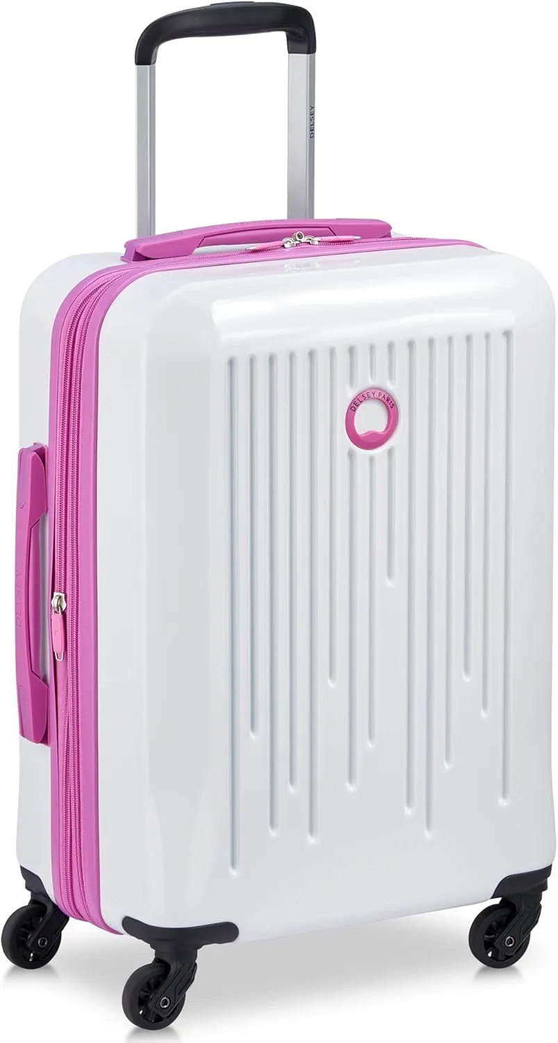 DELSEY PARIS Christine Hardside Expandable Luggage, Stylish and Unique, Glossy Exterior with 360 Spinner Wheels, Lockable Telescoping Handle, Men and Women, White with Mauve Trim, Carry-On 20-Inch