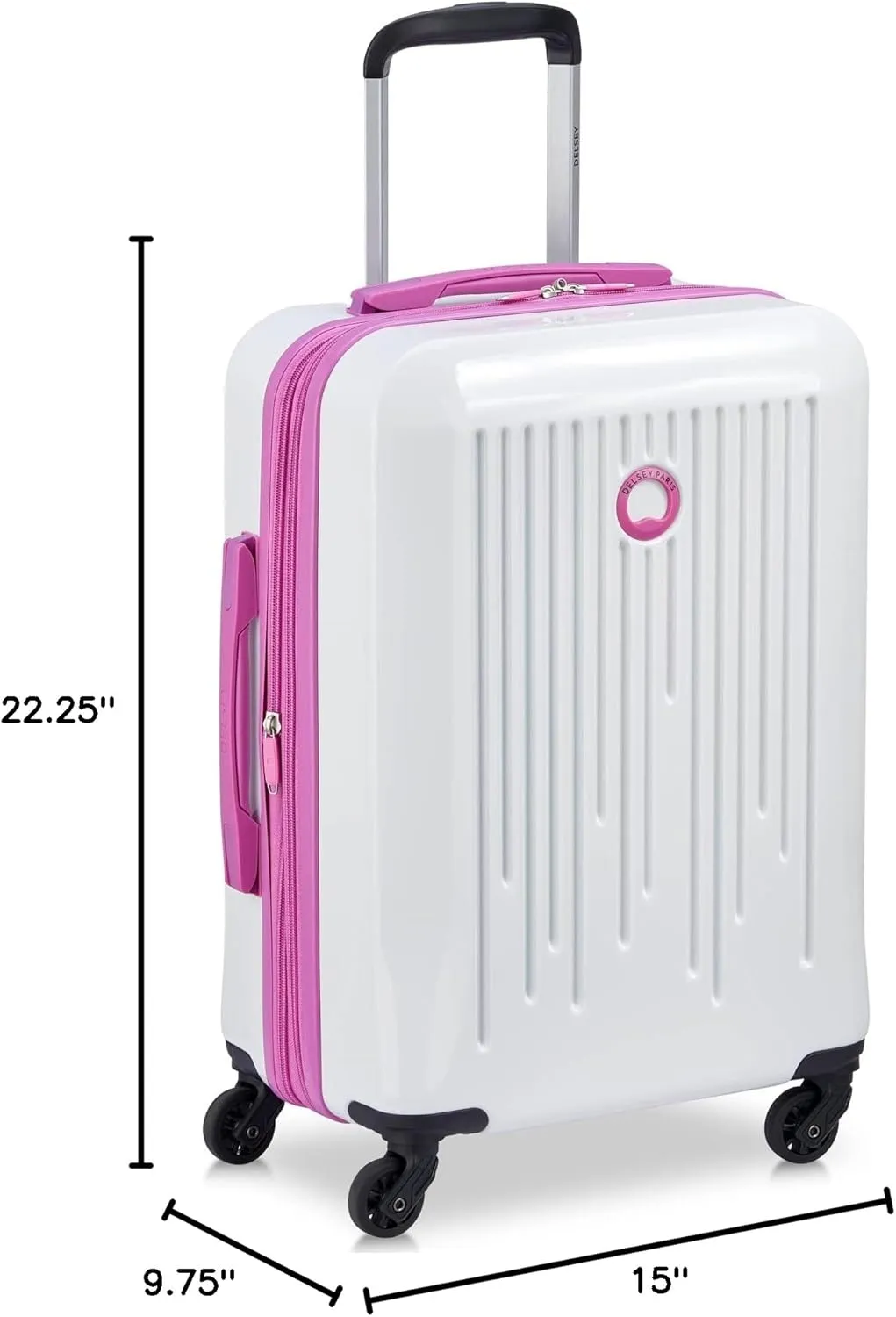 DELSEY PARIS Christine Hardside Expandable Luggage, Stylish and Unique, Glossy Exterior with 360 Spinner Wheels, Lockable Telescoping Handle, Men and Women, White with Mauve Trim, Carry-On 20-Inch