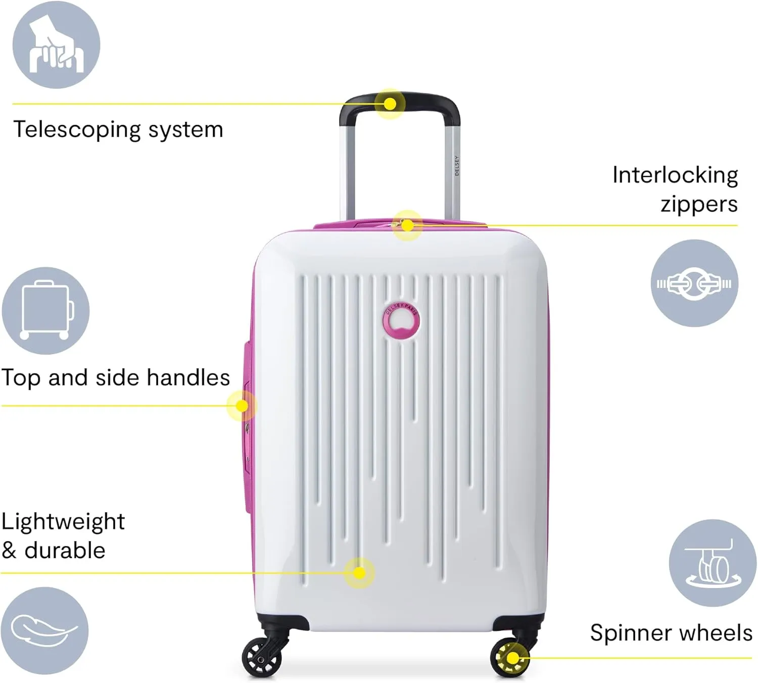 DELSEY PARIS Christine Hardside Expandable Luggage, Stylish and Unique, Glossy Exterior with 360 Spinner Wheels, Lockable Telescoping Handle, Men and Women, White with Mauve Trim, Carry-On 20-Inch