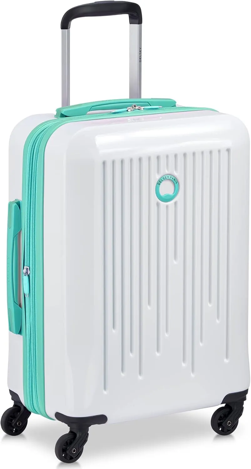 DELSEY PARIS Christine Hardside Expandable Luggage, Stylish and Unique, Glossy Exterior with 360 Spinner Wheels, Lockable Telescoping Handle, Men and Women, White with Teal Trim, Carry-On 20-Inch