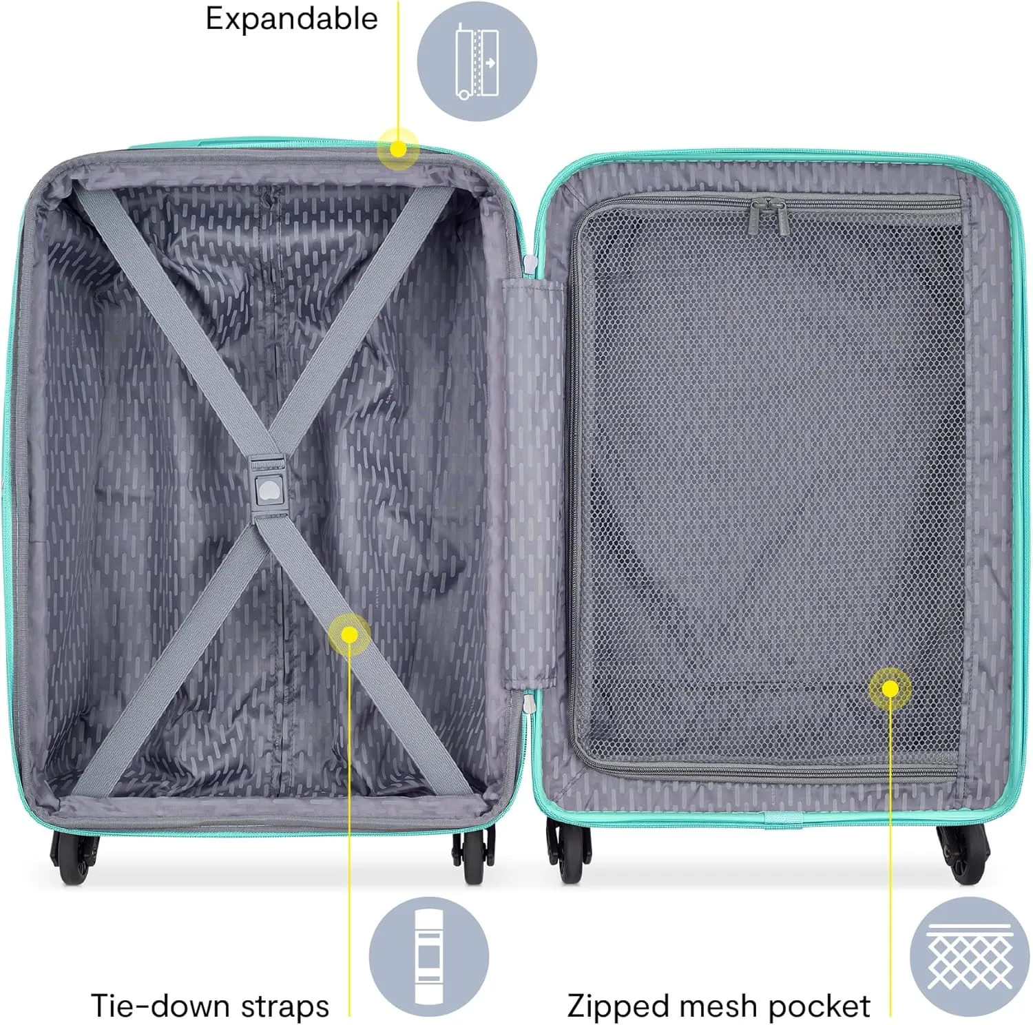 DELSEY PARIS Christine Hardside Expandable Luggage, Stylish and Unique, Glossy Exterior with 360 Spinner Wheels, Lockable Telescoping Handle, Men and Women, White with Teal Trim, Carry-On 20-Inch