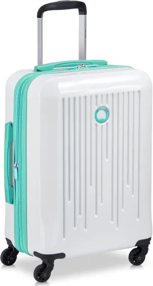 DELSEY PARIS Christine Hardside Expandable Luggage, Stylish and Unique, Glossy Exterior with 360 Spinner Wheels, Lockable Telescoping Handle, Men and Women, White with Teal Trim, Carry-On 20-Inch