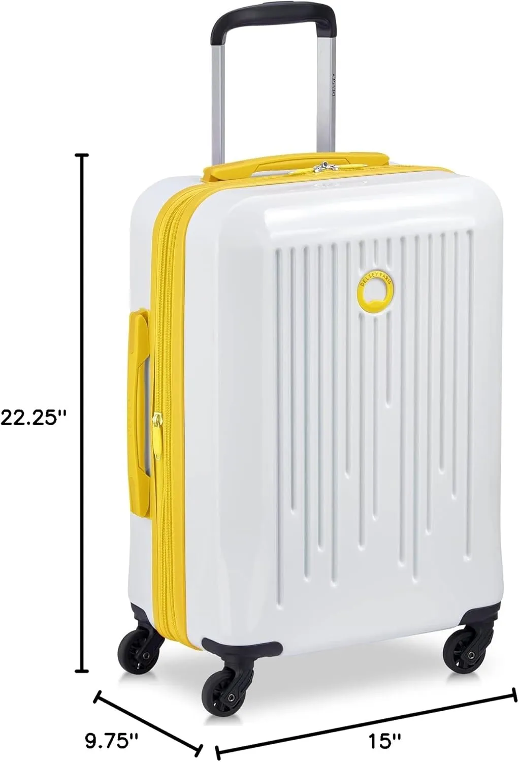 DELSEY PARIS Christine Hardside Expandable Luggage, Stylish and Unique, Glossy Exterior with 360 Spinner Wheels, Lockable Telescoping Handle, Men and Women, White with Yellow Trim, Carry-On 20-Inch
