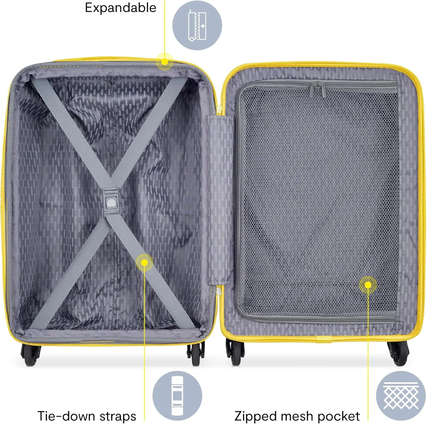 DELSEY PARIS Christine Hardside Expandable Luggage, Stylish and Unique, Glossy Exterior with 360 Spinner Wheels, Lockable Telescoping Handle, Men and Women, White with Yellow Trim, Carry-On 20-Inch