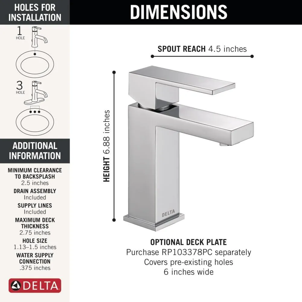 Delta Faucet Modern Single Hole Bathroom Faucet, Chrome Single Handle Bathroom Faucet, Bathroom Sink Faucet, 0.5 GPM, Push Pop-Up Drain Assembly, Chrome 567LF-HGM-PP
