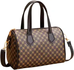 Designer Monogram Handbag, Boston Style Satchel with Shoulder Strap, Brown and Gold Pattern/Black and Golden Pattern