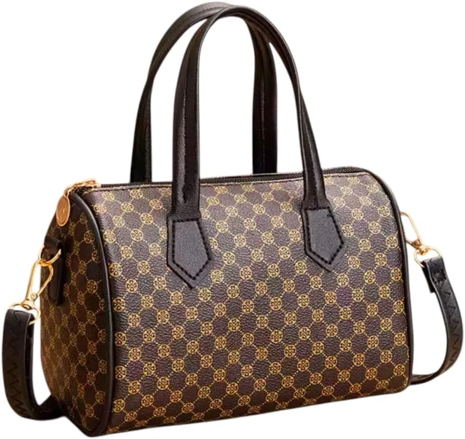 Designer Monogram Handbag, Boston Style Satchel with Shoulder Strap, Brown and Gold Pattern/Black and Golden Pattern
