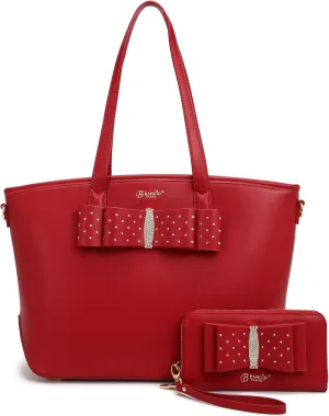 Designer Ribbon Romance Tote Handbag with Rhinestones Bling Top Handle Satchel and Wallet Set for Women with Shoulder Strap