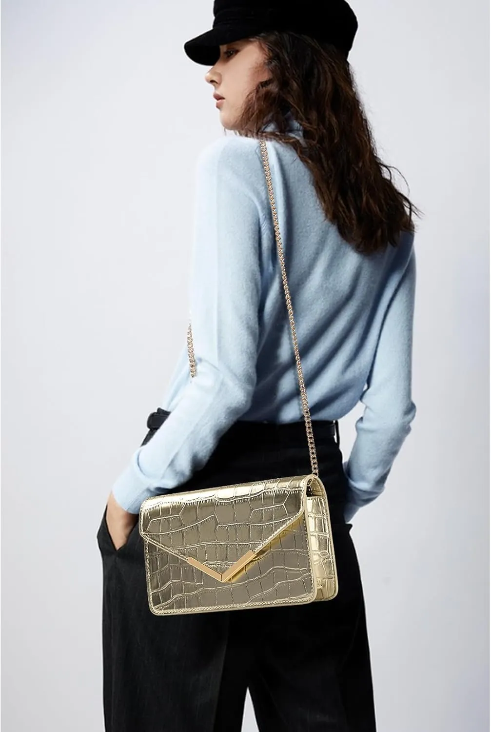 DEXMAY Evening Clutch Handbag for Women Elegant Crocodile Embossed PU Leather Envelope Handheld Crossbody Purse Foldover Bag