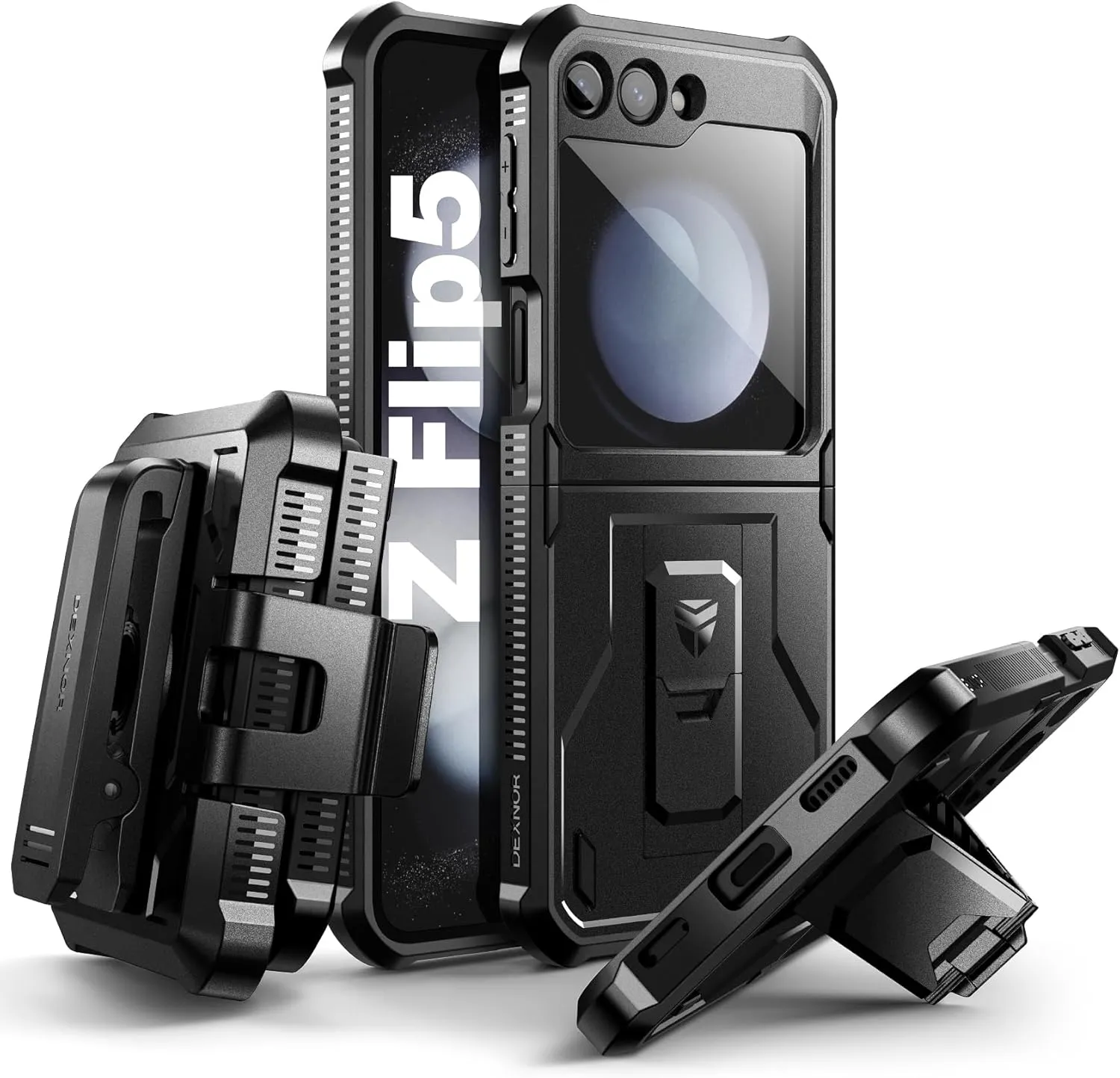 Dexnor Bumper Case with Holster for Samsung Galaxy Z Flip 5 5G (2023), Shockproof Rugged Full-Body Protective Case Cover with Built-in Kickstand & 360°Rotating Belt Holster Clip,Black
