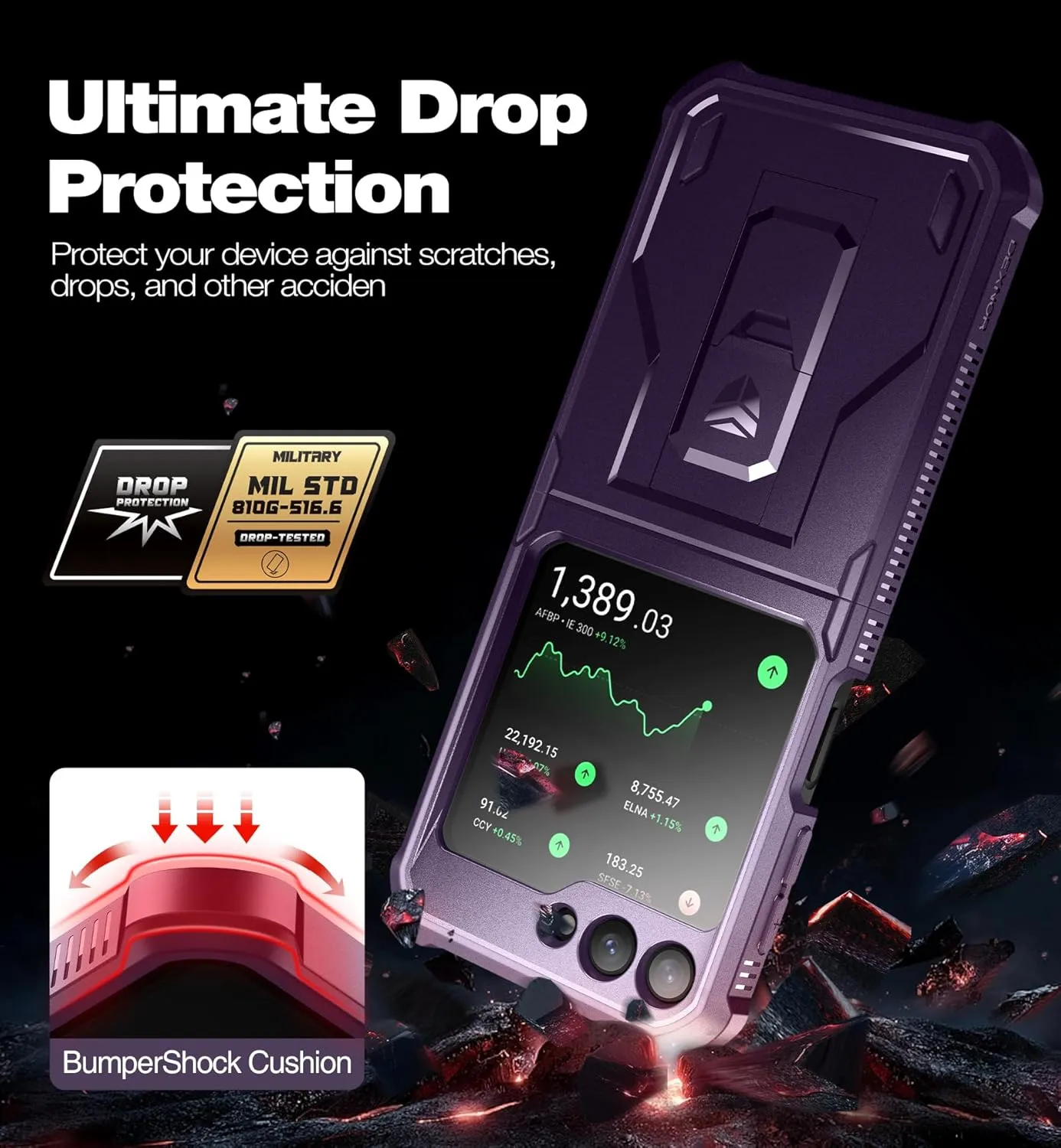 Dexnor Bumper Case with Holster for Samsung Galaxy Z Flip 5 5G (2023), Shockproof Rugged Full-Body Protective Case Cover with Built-in Kickstand & 360°Rotating Belt Holster Clip,Phantom Purple