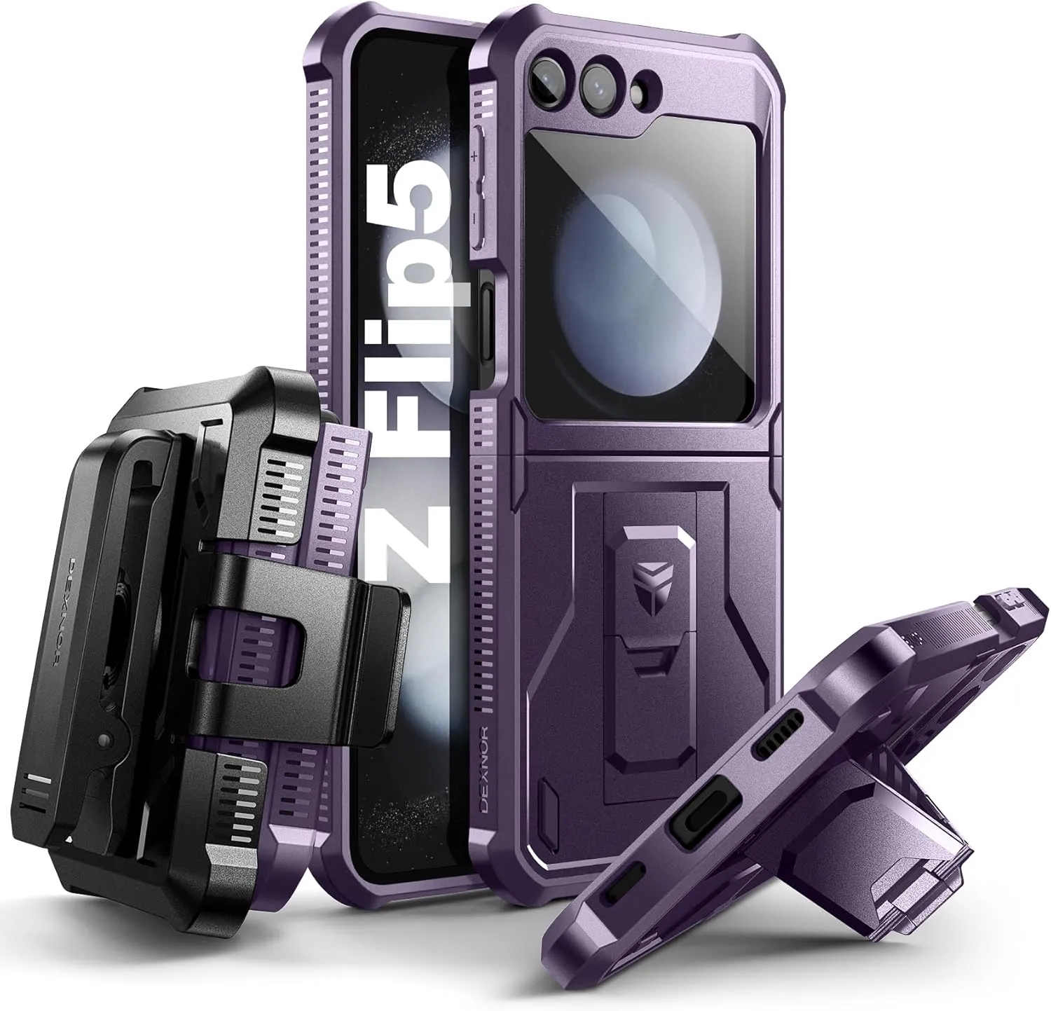 Dexnor Bumper Case with Holster for Samsung Galaxy Z Flip 5 5G (2023), Shockproof Rugged Full-Body Protective Case Cover with Built-in Kickstand & 360°Rotating Belt Holster Clip,Phantom Purple