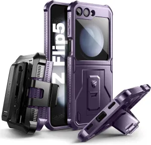 Dexnor Bumper Case with Holster for Samsung Galaxy Z Flip 5 5G (2023), Shockproof Rugged Full-Body Protective Case Cover with Built-in Kickstand & 360°Rotating Belt Holster Clip,Phantom Purple
