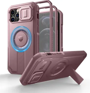 Dexnor for iPhone 12 & iPhone 12 Pro Case with Slide Camera Cover & Adjustable Kickstand &Built-in Screen Protector,Magsafe Rugged Shockproof Bumper Cases Heavy-Duty Protective Cover,Peony Pink