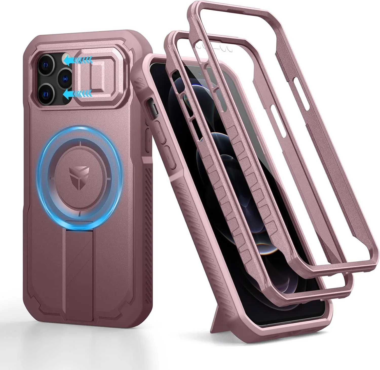 Dexnor for iPhone 12 & iPhone 12 Pro Case with Slide Camera Cover & Adjustable Kickstand &Built-in Screen Protector,Magsafe Rugged Shockproof Bumper Cases Heavy-Duty Protective Cover,Peony Pink