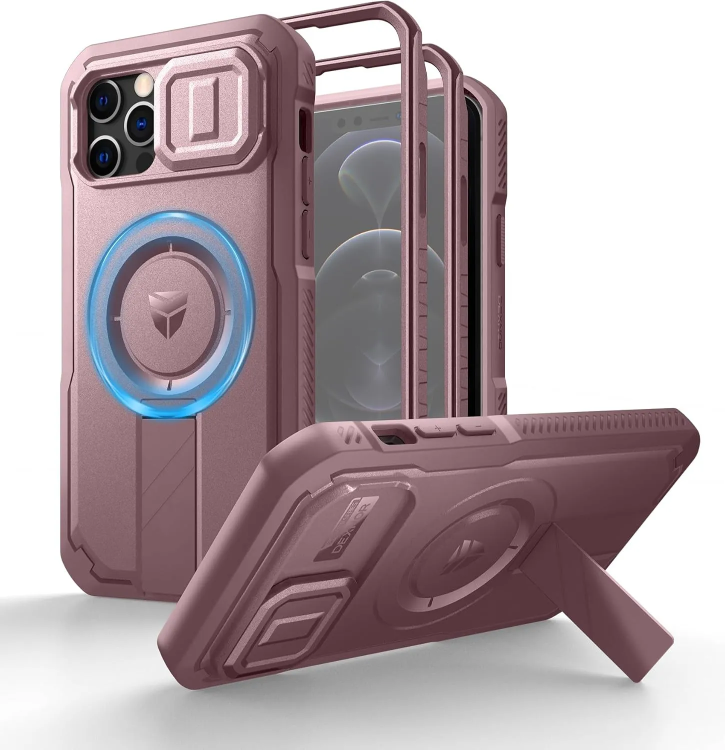 Dexnor for iPhone 12 & iPhone 12 Pro Case with Slide Camera Cover & Adjustable Kickstand &Built-in Screen Protector,Magsafe Rugged Shockproof Bumper Cases Heavy-Duty Protective Cover,Peony Pink