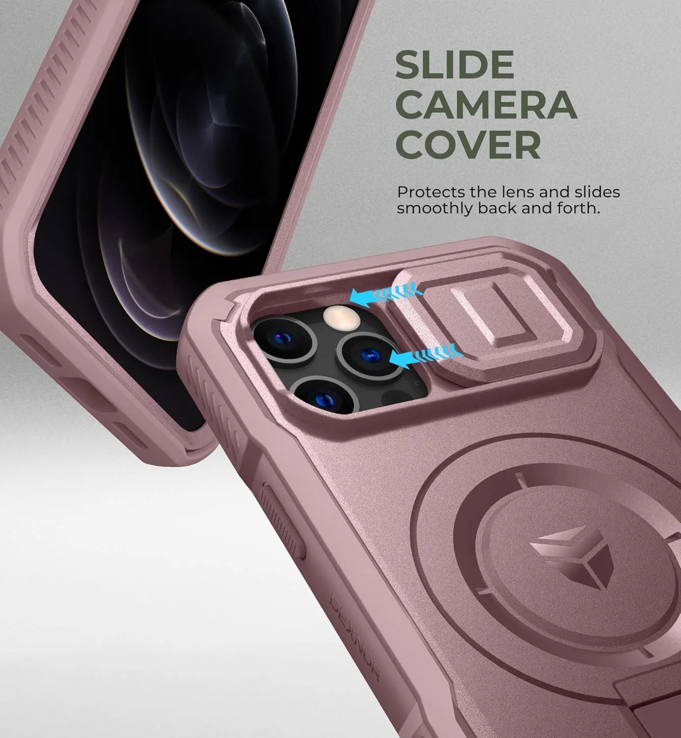 Dexnor for iPhone 12 & iPhone 12 Pro Case with Slide Camera Cover & Adjustable Kickstand &Built-in Screen Protector,Magsafe Rugged Shockproof Bumper Cases Heavy-Duty Protective Cover,Peony Pink
