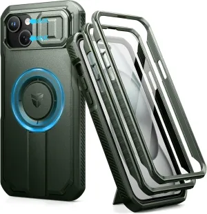 Dexnor for iPhone 15 Plus/14 Plus Case with Slide Camera Cover & Adjustable Kickstand&Built-in Screen Protector,Magsafe Rugged Shockproof Bumper Cases Heavy-Duty Magnetic Protective Cover,Army Green