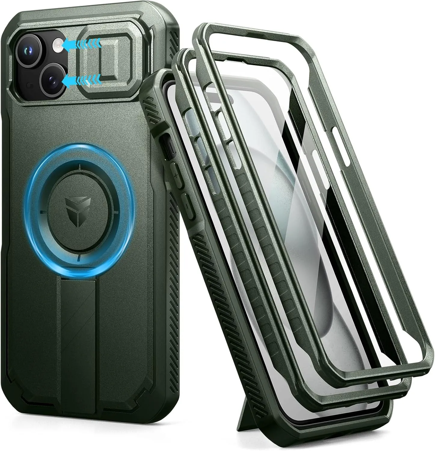 Dexnor for iPhone 15 Plus/14 Plus Case with Slide Camera Cover & Adjustable Kickstand&Built-in Screen Protector,Magsafe Rugged Shockproof Bumper Cases Heavy-Duty Magnetic Protective Cover,Army Green