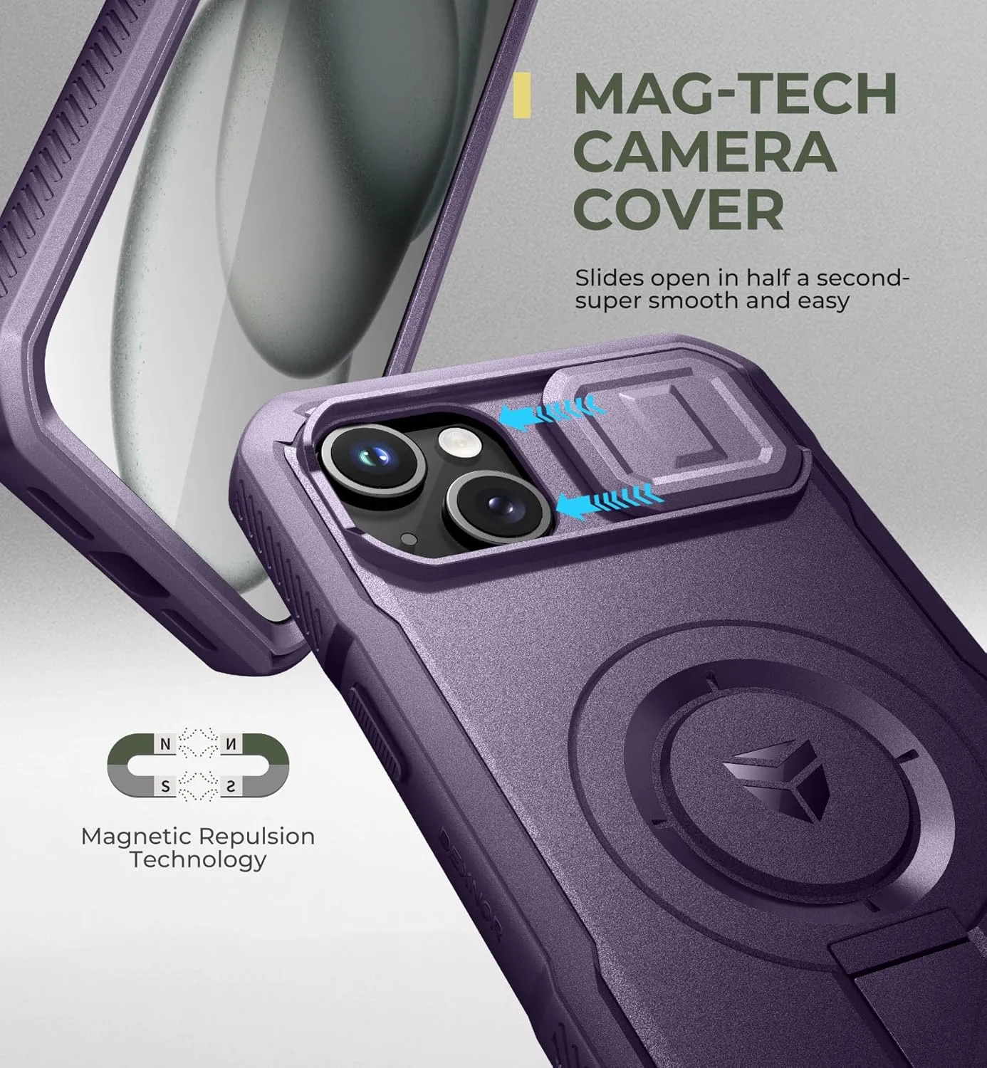 Dexnor for iPhone 15 Plus/14 Plus Case with Slide Camera Cover&Adjustable Kickstand&Built-in Screen Protector,Magsafe Rugged Shockproof Bumper Cases Heavy-duty Magnetic Protective Cover,Phantom Purple