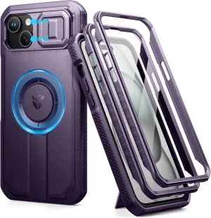 Dexnor for iPhone 15 Plus/14 Plus Case with Slide Camera Cover&Adjustable Kickstand&Built-in Screen Protector,Magsafe Rugged Shockproof Bumper Cases Heavy-duty Magnetic Protective Cover,Phantom Purple