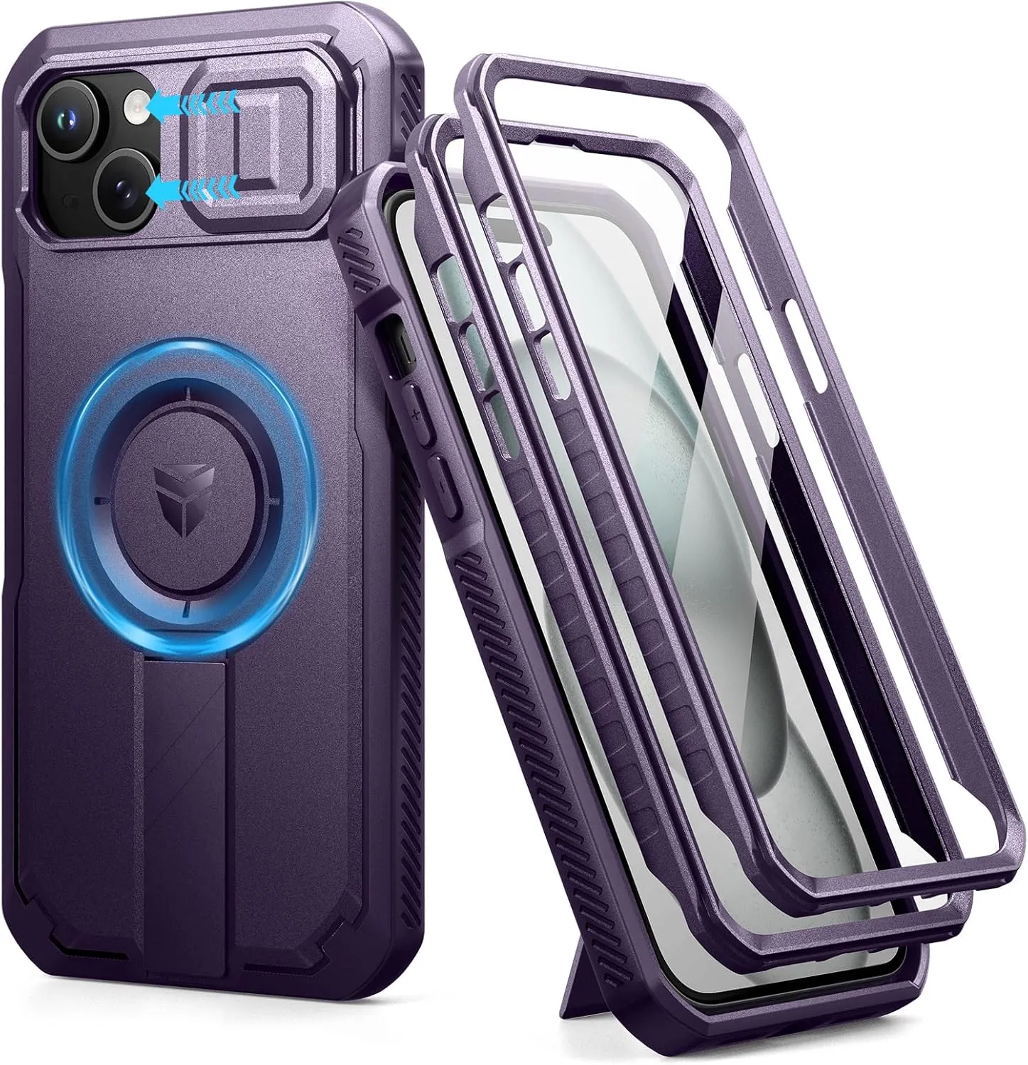 Dexnor for iPhone 15 Plus/14 Plus Case with Slide Camera Cover&Adjustable Kickstand&Built-in Screen Protector,Magsafe Rugged Shockproof Bumper Cases Heavy-duty Magnetic Protective Cover,Phantom Purple