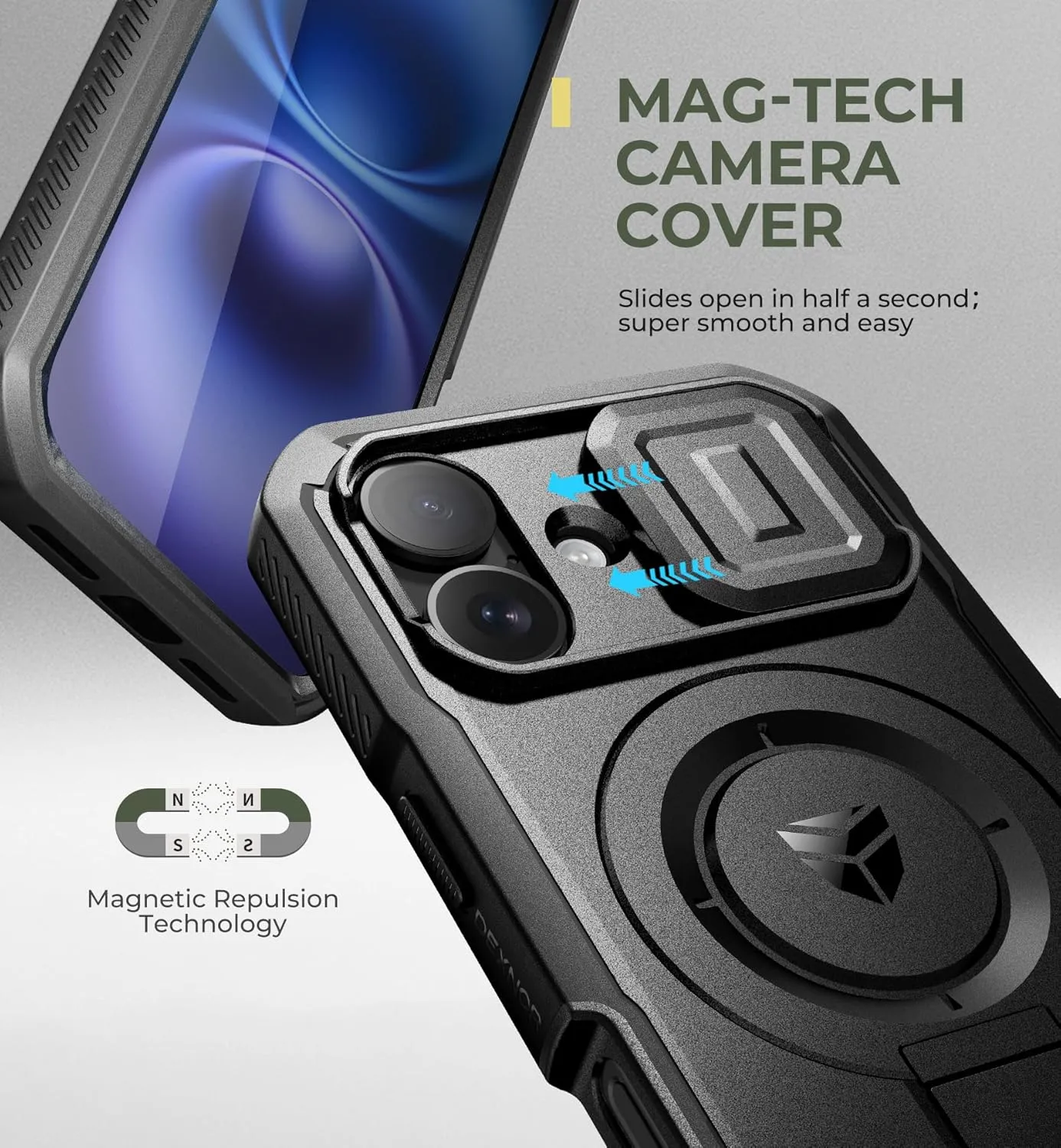 Dexnor for iPhone 16 Case with Slide Camera Cover & Adjustable Kickstand & Built-in Screen Protector,Compatible with MagSafe Shockproof Bumper Cases Heavy-Duty Magnetic Protective Cover,Black