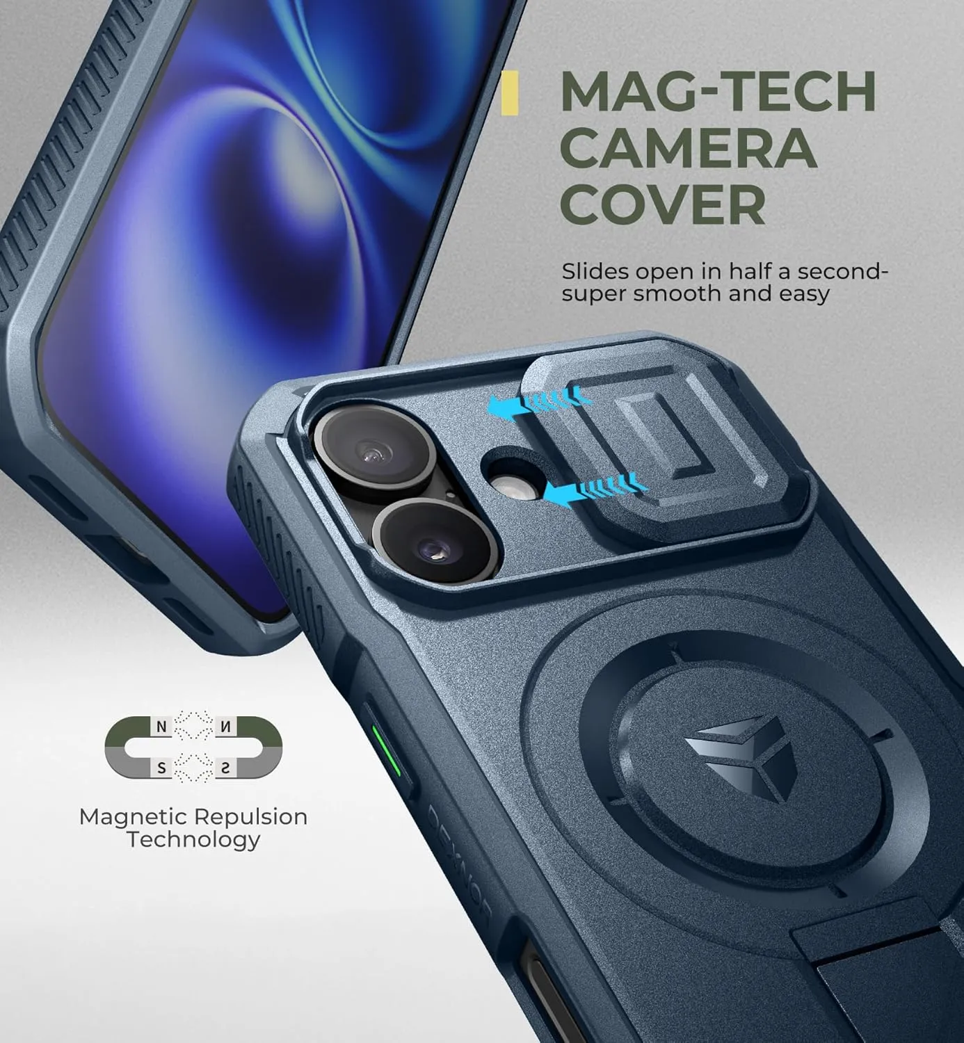 Dexnor for iPhone 16 Case with Slide Camera Cover & Adjustable Kickstand, Magnetic Rugged Shockproof Bumper Cases Heavy-Duty Magnetic Protective Cover,Navy Blue