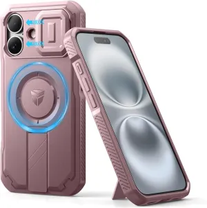 Dexnor for iPhone 16 Case with Slide Camera Cover & Adjustable Kickstand, Magnetic Rugged Shockproof Bumper Cases Heavy-Duty Magnetic Protective Cover,Peony Pink