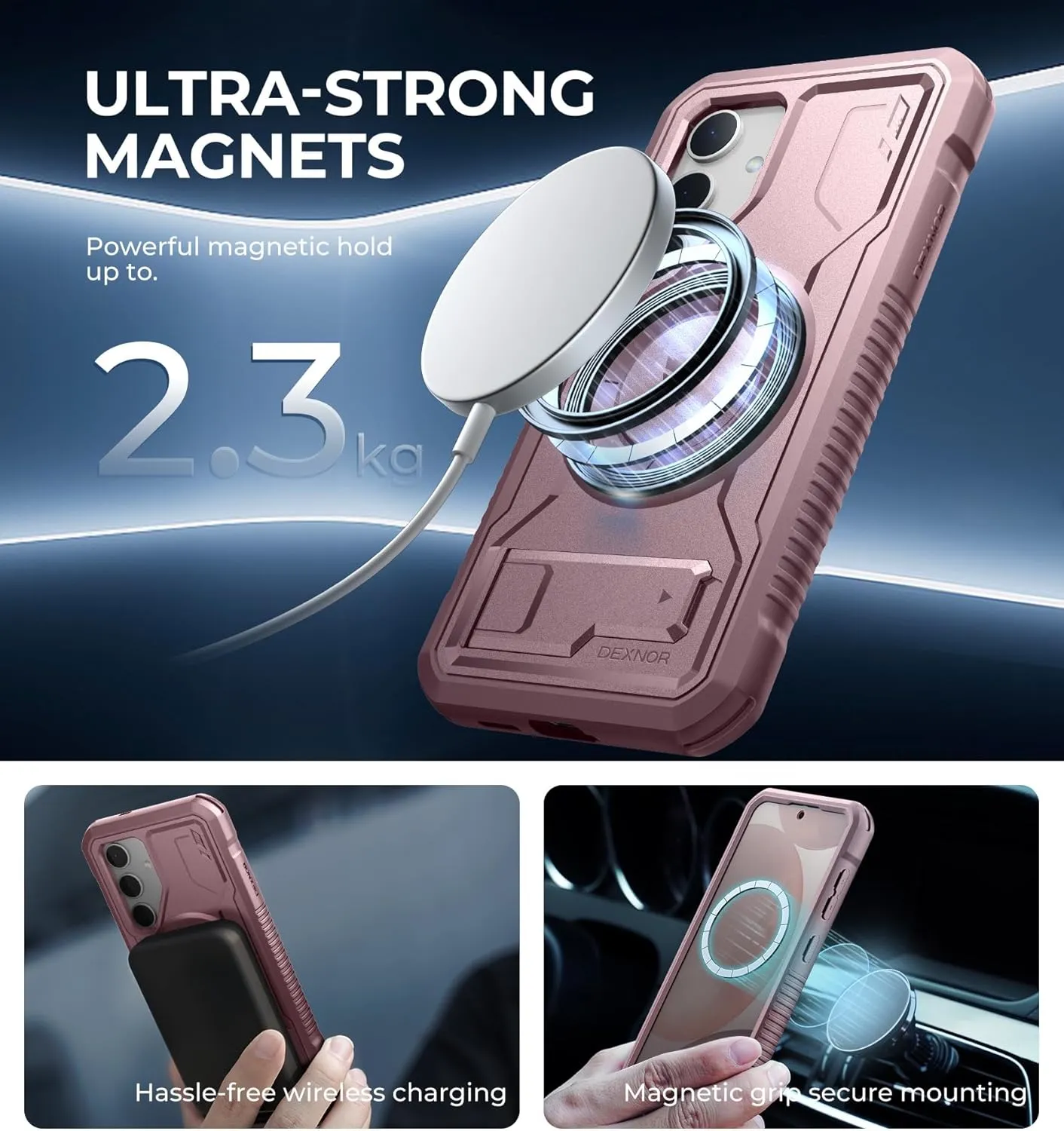 Dexnor Magnetic Bumper Case for Samsung Galaxy S24, Adjustable Kickstand, Built-in Screen Protector, Compatible with Magsafe, Rugged Shockproof Full-Body Protective Cover for Galaxy S24 (2024),Pink