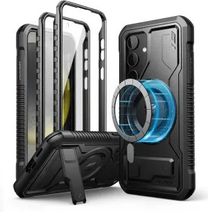 Dexnor Magnetic Case for Samsung Galaxy S24 Case with Kickstand & 2 Front Frames, Built-in Screen Protector, Compatible with Magsafe, Rugged Shockproof Full-body Protective Cover for Galaxy S24, Black