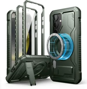 Dexnor Magnetic Case for Samsung Galaxy S24 Case with Kickstand & 2 Front Frames, Built-in Screen Protector, Compatible with Magsafe, Rugged Shockproof Full-Body Protective Cover for Galaxy S24,Green
