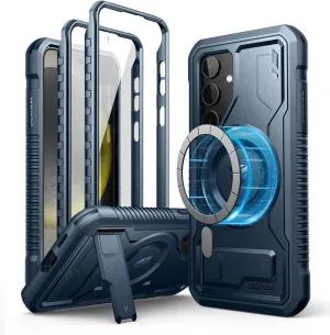 Dexnor Magnetic Case for Samsung Galaxy S24 Case with Kickstand & 2 Front Frames, Built-in Screen Protector, Compatible with Magsafe, Rugged Shockproof Full-Body Protective Cover for Galaxy S24,Navy