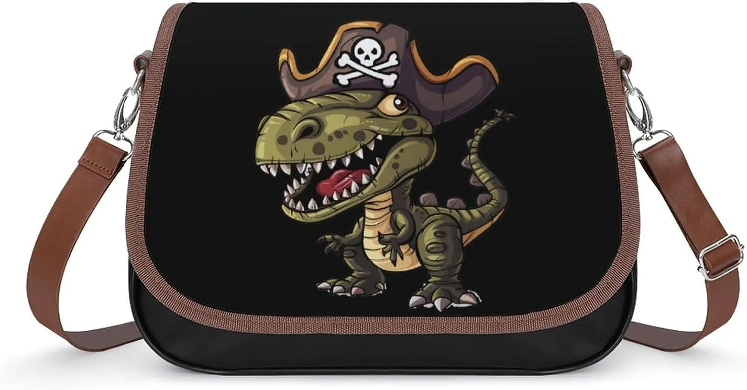 Dinosaur Piratees Jolly Roger Messenger Bag for Women PU Leather Crossbody Bags Shoulder Handbags Purse