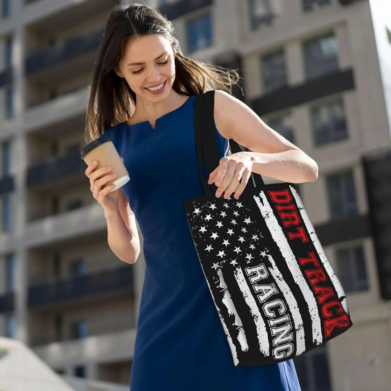 Dirt Bike Racing Motocross Race American Flag Canvas Totes Bag Shoulder Bags Shopping Crossbody 13.8 X 15.4 inch