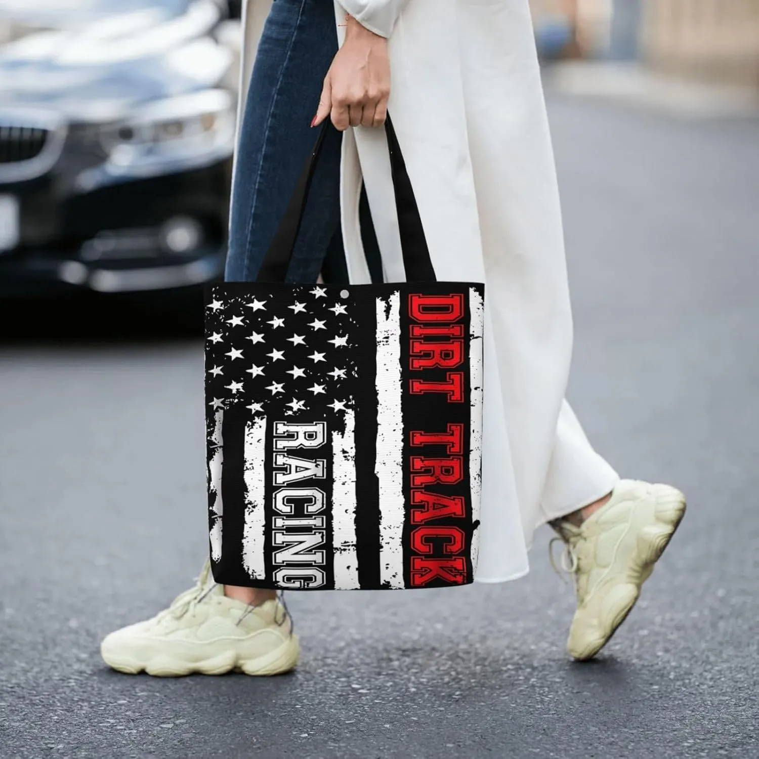 Dirt Bike Racing Motocross Race American Flag Canvas Totes Bag Shoulder Bags Shopping Crossbody 13.8 X 15.4 inch