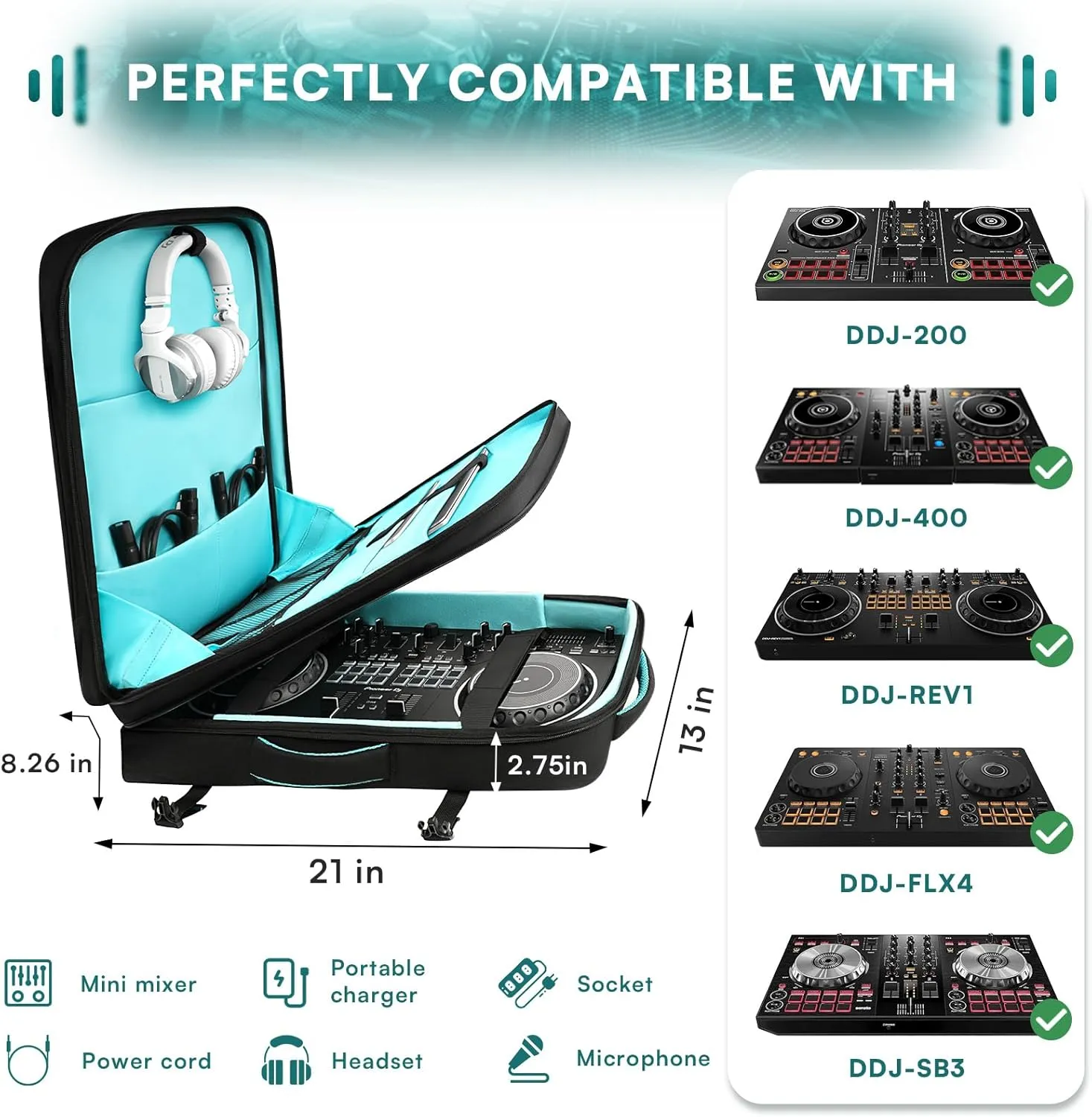 DJ Controller Bag for DDJ-FLX4/DDJ 200/DDJ 400/DDJ REV1, Padded DJ Backpack with Multi-pocket for 17 Inch Laptop, Cables, DJ Carrying Mixer Case with Adjustable Strap for DJ Equipment