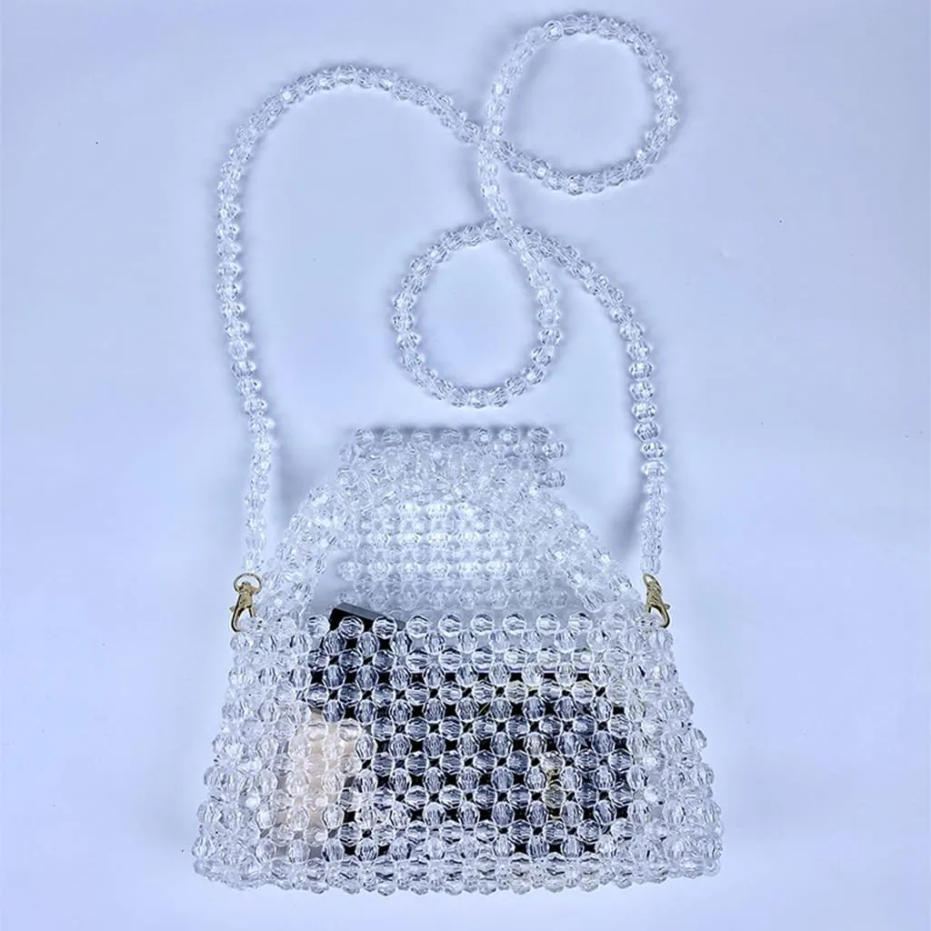 DJBM Women Acrylic Transparent Fancy Luxury Beaded Purse Handmade Crossbody Pearl Bag for Wedding Dating