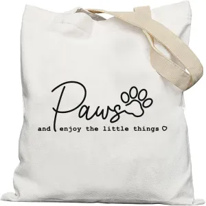 Dog Lover Tote Bag, Dog Paw Print Canvas Tote Bags for Women, Dog Gifts for Women, Dog Mom Gifts, Dog Lover Gifts, Paws and Enjoy the Little Things Reusable Grocery Bags Shopping Bags, White