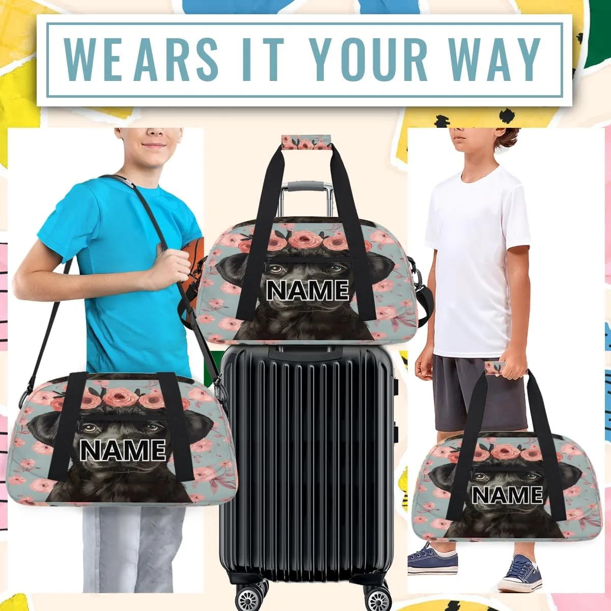Dogs Mini Gym Bag 18 inch for Women Men Waterproof Custom Black Dogs Travel Duffel Bag Carry On Overnight Tote Nurse Bag for Work Fitness Hiking